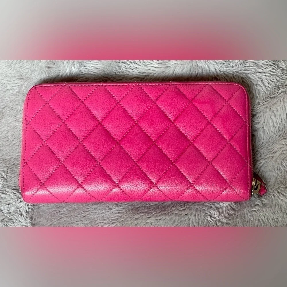 Chanel Pink Caviar Zip Around Quilted Leather Zip Around Long Wallet